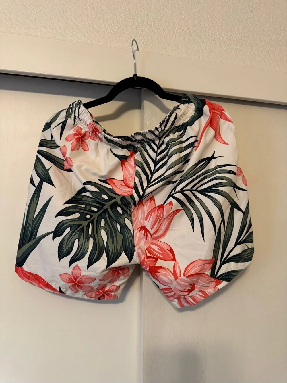 SHEIN Men’s Tropical Floral Swim Trunks - White & Coral